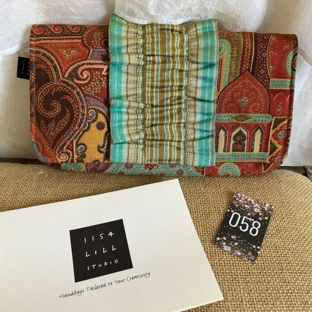 Boho Hippie Fabric Clutch Featuring Temples, Paisley, and Stripes